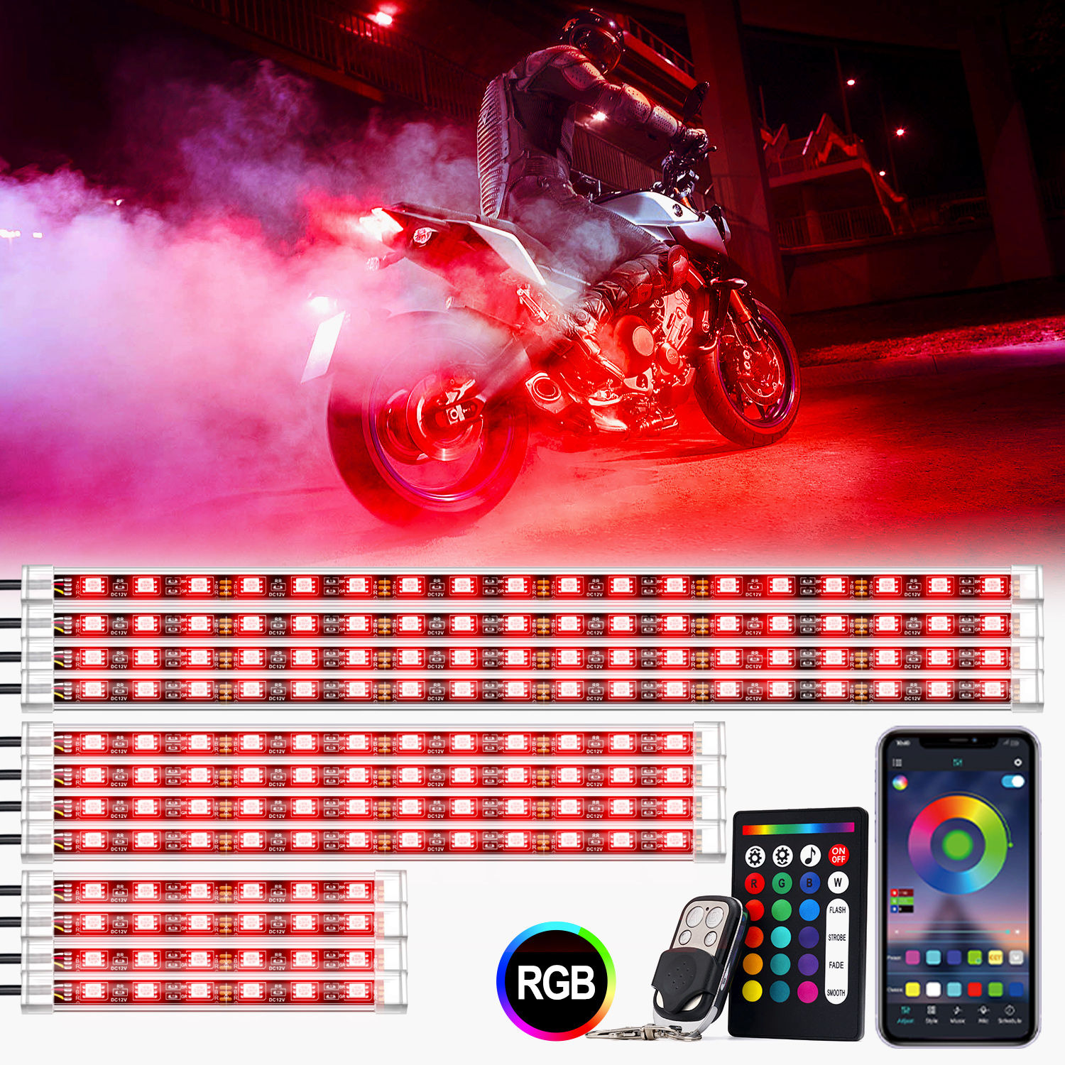 Set De 8 Tiras de Luces LED RGB Xprite Para Moto - Con Bluetooth