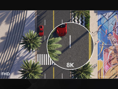 Lumion Cloud demonstrando a funcionalidade AI Upscaler a transformar um render de arquitectura de baixa resolução numa imagem de ultra-alta definição 8K com detalhe fotorealista.