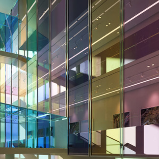 a colorful building with many windows and lights