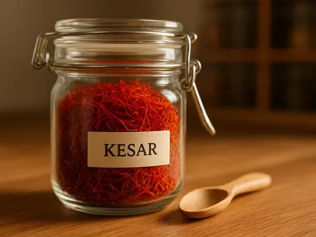 Original saffron strands stored in an airtight glass jar, placed on a wooden kitchen counter with natural lighting highlighting the vibrant red-orange color.