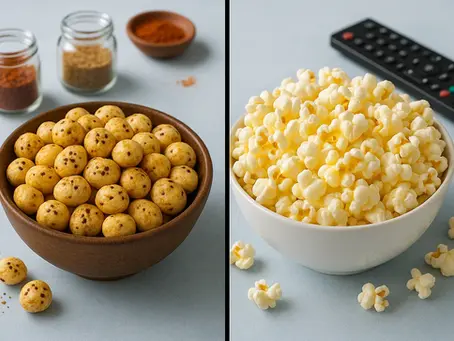 split comparison between two bowls—one filled with roasted makhana (fox nuts) and the other with fluffy popcorn