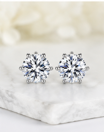Thumbnail: S925 Sterling Silver 6-Claw Round Cut Earrings , VVS1 D Color Moissanite