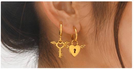 Winged Heart & Key Hoop Earrings