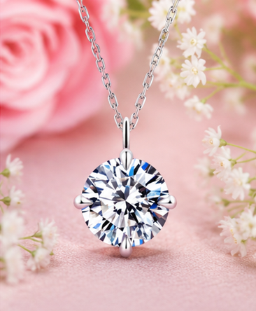 Thumbnail: S925 Sterling Silver 2 Carat Moissanite Pendant Necklace 4-Claw Round Cut
