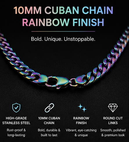 Thumbnail: 10MM Premium Stainless Steel Rainbow Cuban Link Chain for Men