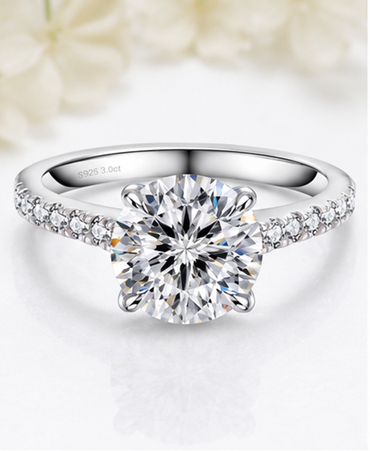S925 Sterling Silver 3 Carat Moissanite Ring Round Cut Solitaire