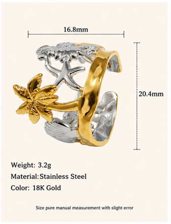 Thumbnail: 18K Gold Plated Wave & Starfish Adjustable Ring