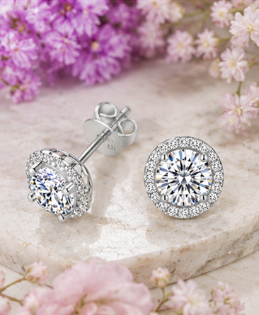 Thumbnail: S925 Sterling Silver 2 Carat Moissanite Stud Earrings Round Cut Halo