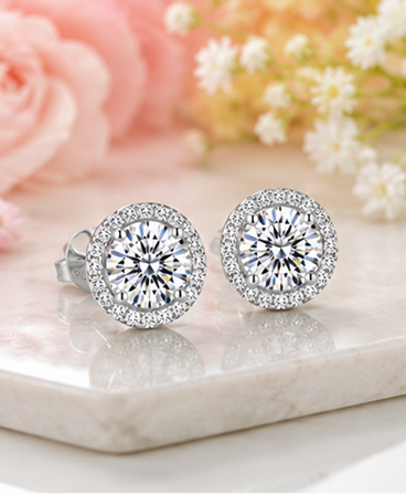 S925 Sterling Silver 2 Carat Moissanite Stud Earrings Round Cut Halo