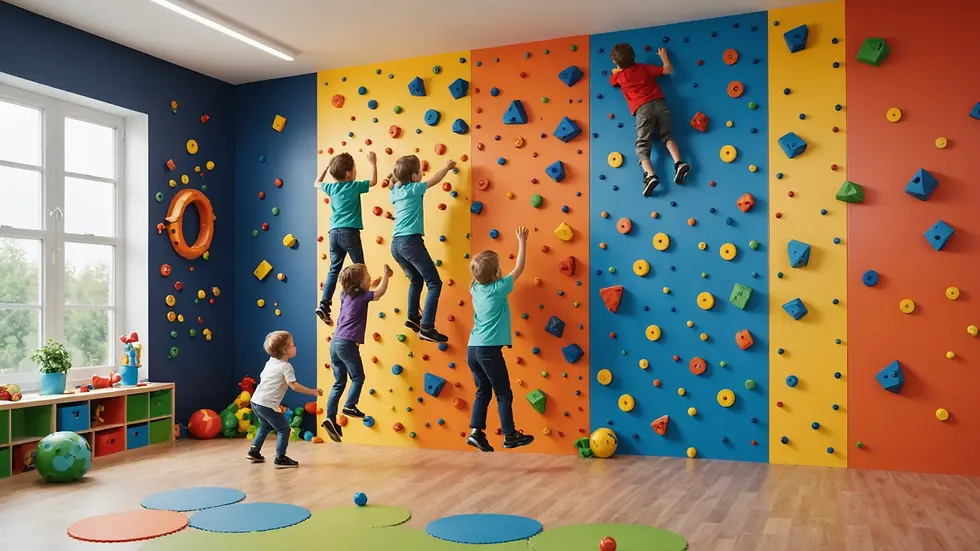 Kids climbing on an impact panel wall in a playroom