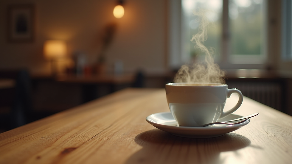 Eye-level view of a steaming cup of coffee on a wooden table