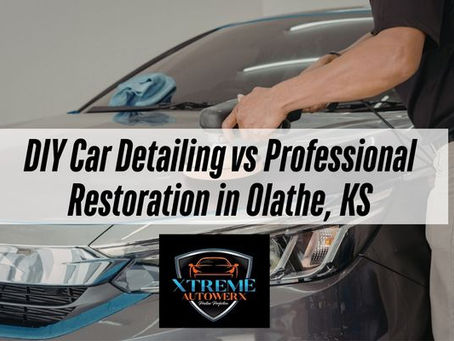 man detailing a car with a caption DIY Car Detailing vs Professional Restoration in Olathe, KS