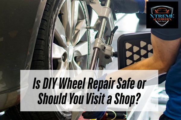 man working with repairing a wheel with a caption Is DIY Wheel Repair Safe or Should You Visit a Shop?