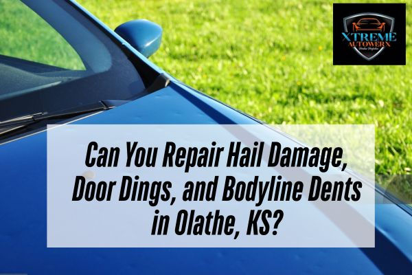 hail damage blue car with a caption Can You Repair Hail Damage, Door Dings, and Bodyline Dents in Olathe, KS?