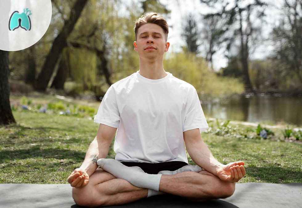 Man meditating in a park by a pond, sitting in a lotus position on a mat. Wearing a white shirt, surrounded by greenery, serene mood.