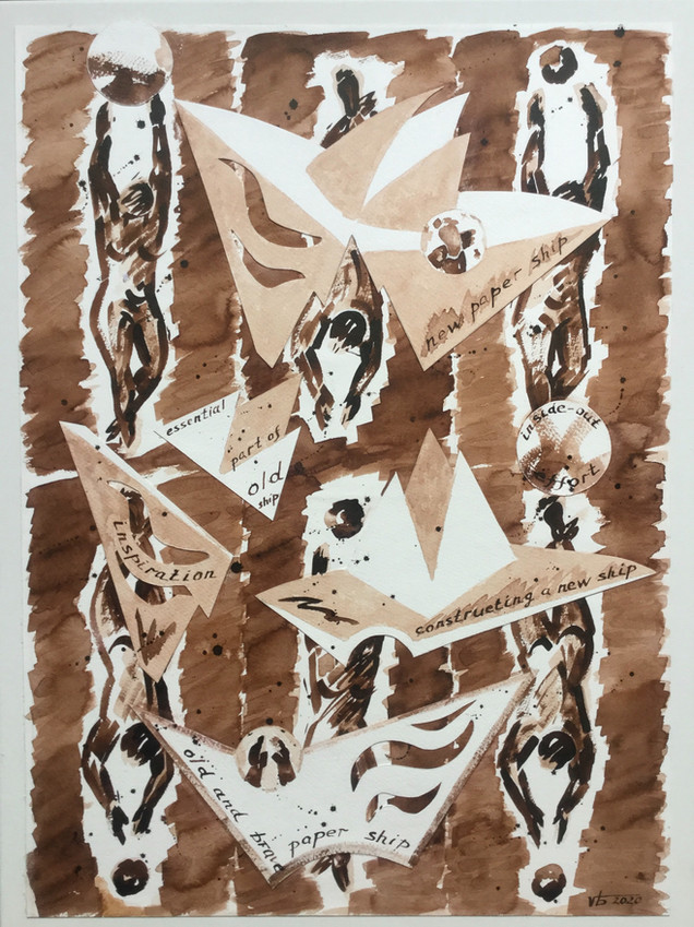 Building a new ship, sepia ink and collage on paper mounted on canvas 60x80cm, 2020