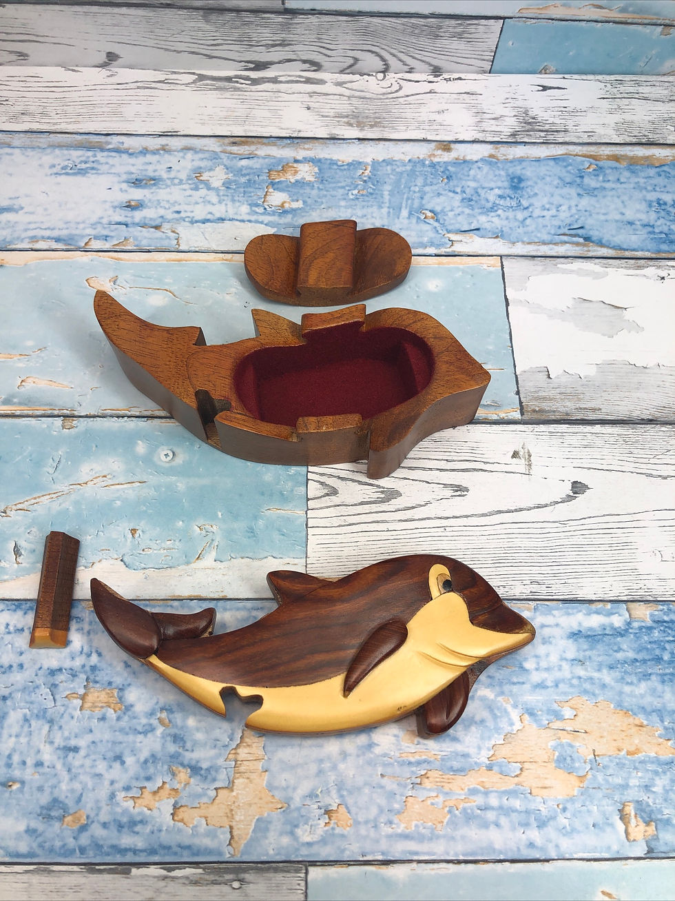 Thumbnail: Beautiful hand made wooden Dolphin puzzle box with hidden compartment Trinket