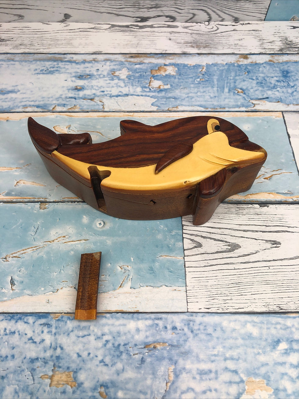 Thumbnail: Beautiful hand made wooden Dolphin puzzle box with hidden compartment Trinket