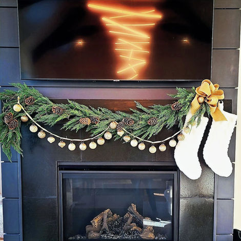 Beautiful pine mantel swag with glass ornaments