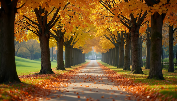 Eye-level view of a serene autumn park pathway lined with colorful fall foliage