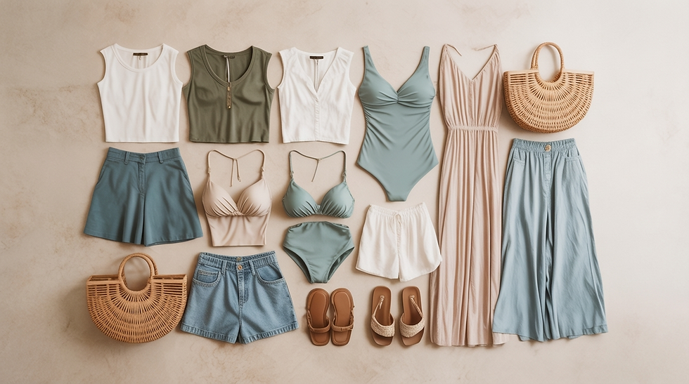Summer clothes laid out on a light background, featuring tops, shorts, a swimsuit, skirts, and sandals in earthy tones. Two woven bags included.