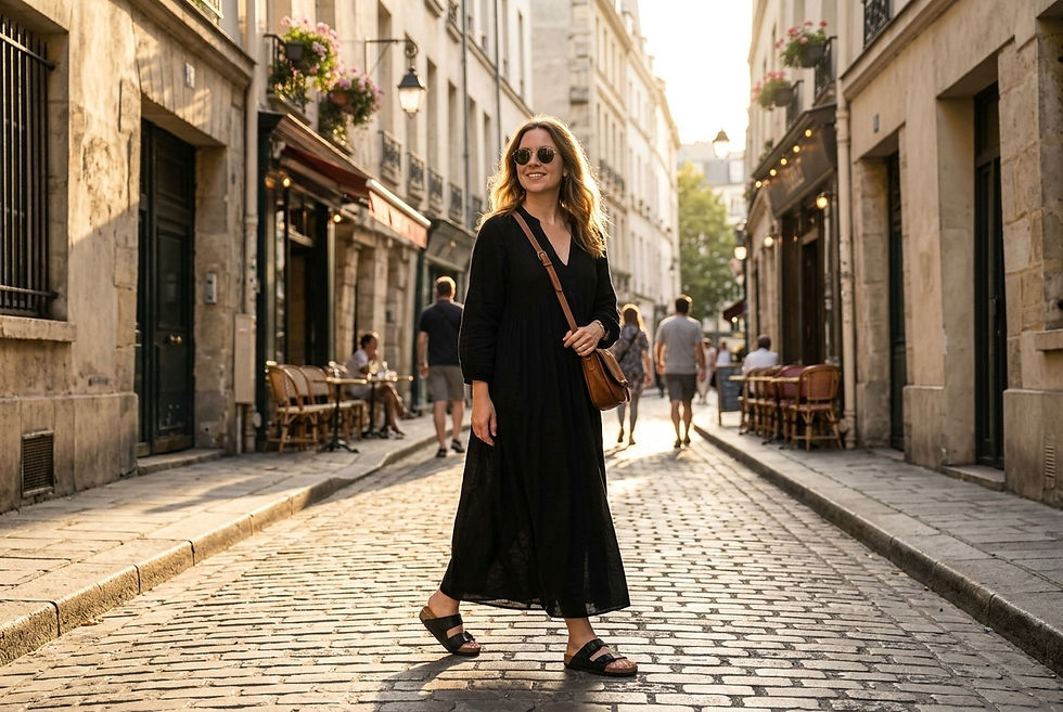 Woman in black dress walking on a sunlit cobblestone street lined with cafes. She smiles, wearing sunglasses. Parisian vibe.
