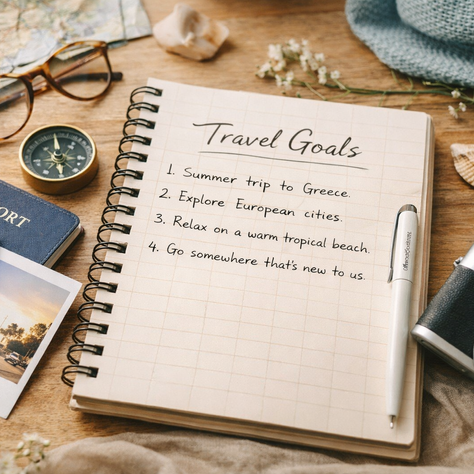 Travel goals listed in a planner