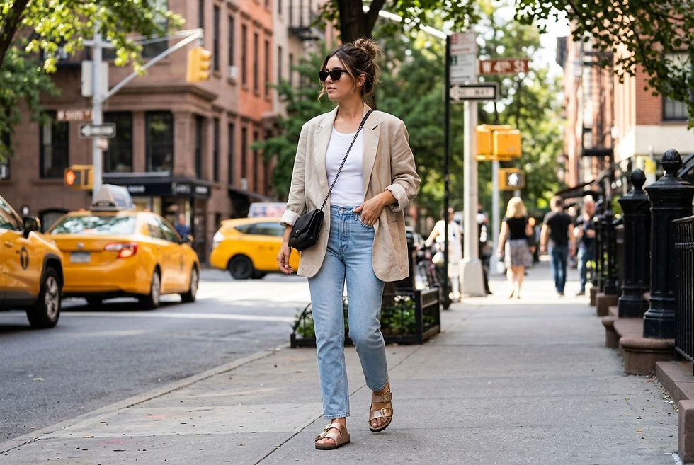 Woman walking on city sidewalk, wearing beige blazer, jeans, and sandals. Yellow taxis and trees in background, sunny day mood.