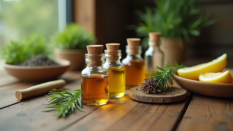 Close-up view of herbal remedies and natural oils on a wooden table