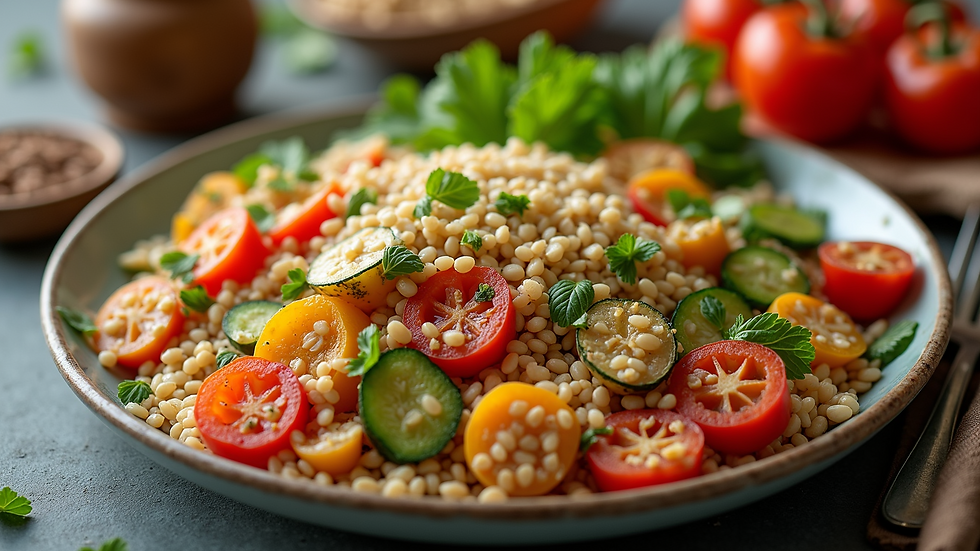 High angle view of a colorful plate filled with fresh vegetables and grains