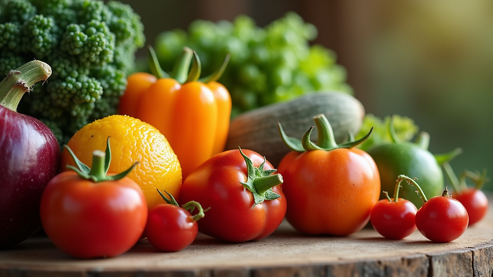 Close-up view of fresh and colorful fruits and vegetables on a wooden table