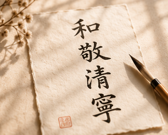 Calligraphie japonaise signifiant “apaisement et harmonie”, écrite sur papier japonais avec un pinceau, dans une ambiance douce et lumineuse évoquant l’esprit du Reiki.