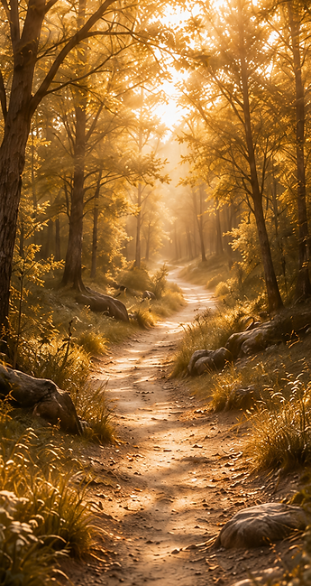 Chemin baigné d’une lumière dorée au cœur d’une forêt apaisante, illustrant le Pack Évasion proposé par Odyssée Reiki.