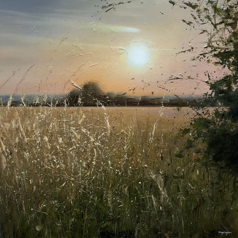 An acrylic painting of a low sun over a field with the light catching the foreground grass