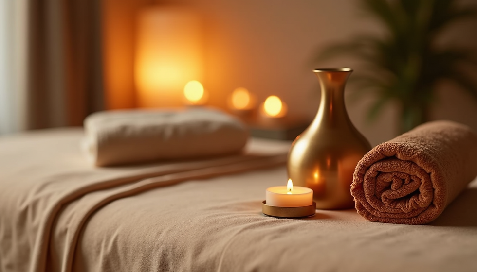 Eine Massageliege ist mit Tüchern, Handtüchern, einer Vase und Teelicht dekoriert. Im Hintergrund stehen noch eine Palme und 3 Kerzen. Die Kerzenlichtstimmung wirkt romantisch und lädt zum Entspannen ein.