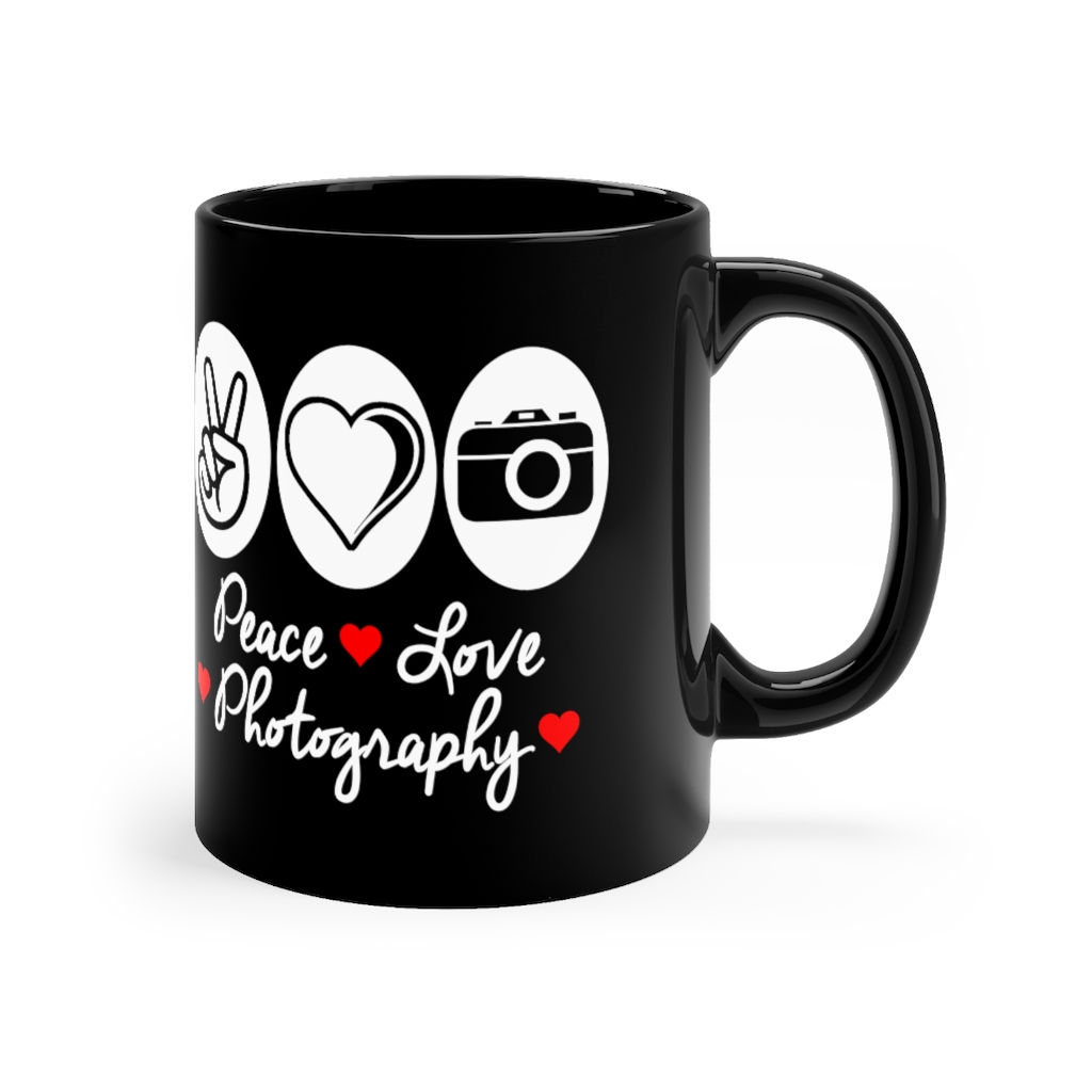 Peace Love Photography Black mug 11oz