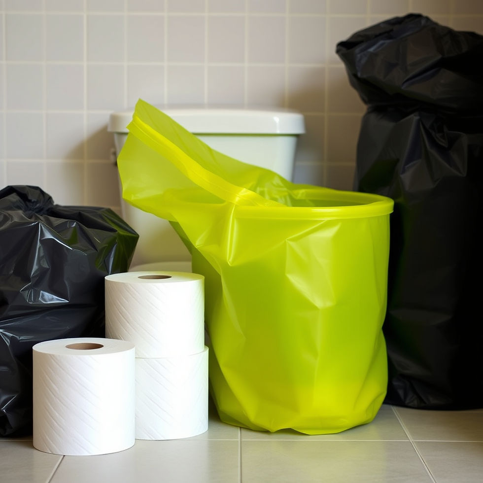 Yellow trash bin, black garbage bags, and toilet paper