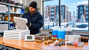 Property maintenance supplies for winter including HVAC filters, plumbing parts and heating equipment.