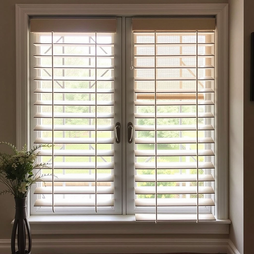 Modern white wooden window blinds in a home interior.