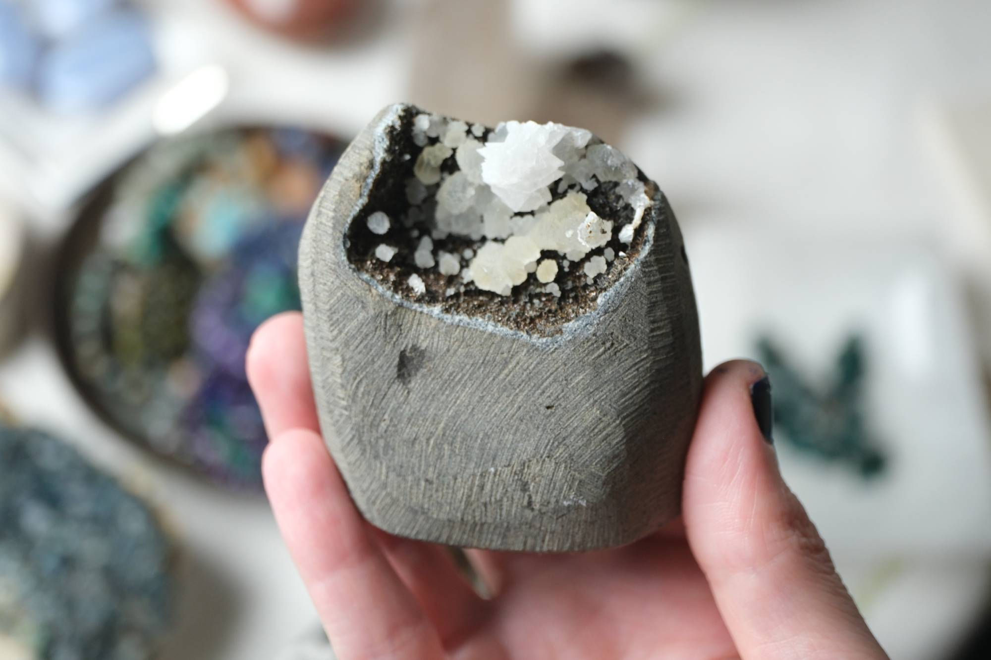 Black Chalcedony Geode with Celestial Apophyllite
