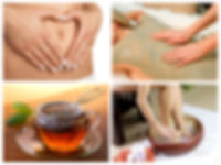 4 foto’s van een ontgiftend voetbad, algenpakking op de rug, detox kruidenthee, vrouw die haar buik vasthoudt