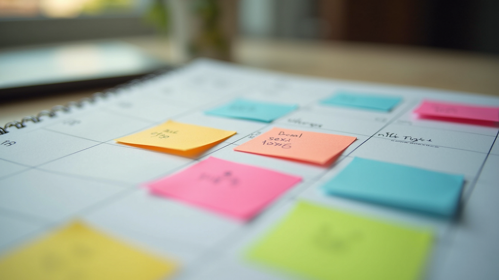 Close-up view of a planner with colorful sticky notes