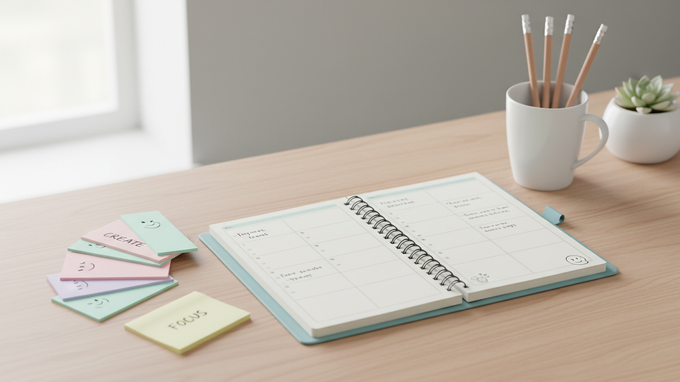 Eye-level view of a tidy desk with a planner and colourful sticky notes