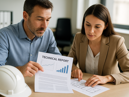 Engenheiro e arquiteta analisam relatório técnico e plantas de um imóvel em escritório moderno, representando a elaboração de um relatório de Due Diligence Técnica.