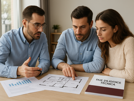 Engenheiro apresenta plantas e relatório técnico a um casal comprador, durante uma reunião de Due Diligence Técnica antes da compra de um imóvel em Portugal.