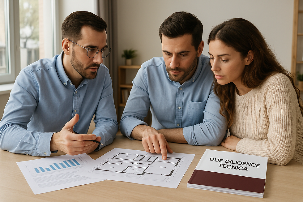 Engenheiro apresenta plantas e relatório técnico a um casal comprador, durante uma reunião de Due Diligence Técnica antes da compra de um imóvel em Portugal.