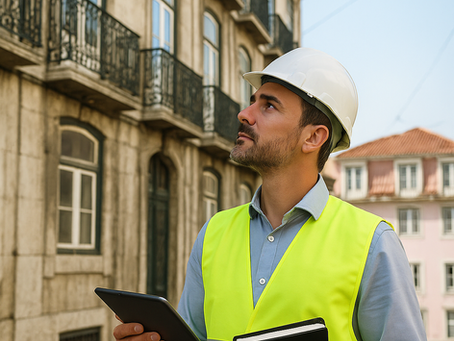 Engenheiro inspeciona fachada de edifício em Lisboa com tablet e bloco de notas, avaliando o estado antes da compra