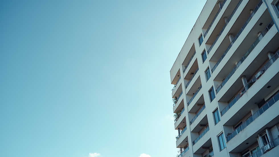 Vue rapprochée d'un immeuble résidentiel moderne avec un ciel bleu clair