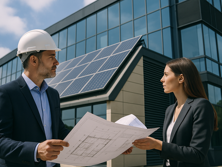 Engenheiro e arquiteta analisam plantas diante de edifício moderno com painéis solares em Portugal durante uma Due Diligence Técnica.