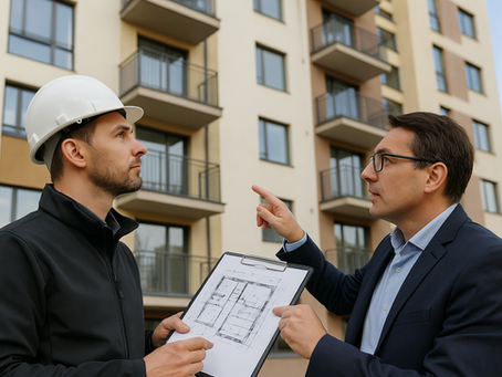 Engenheiro e arquiteto analisam plantas de um edifício urbano durante inspeção técnica em Portugal, representando uma due diligence técnica.